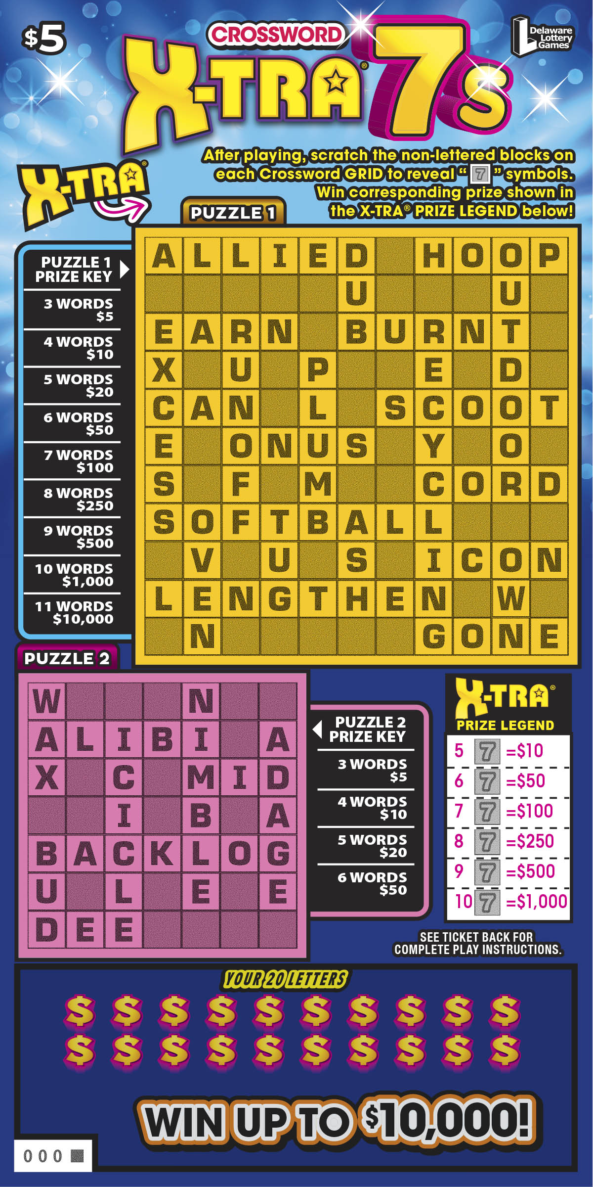 CROSSWORD X-TRA 7S — $5 Delaware scratch-off ticket